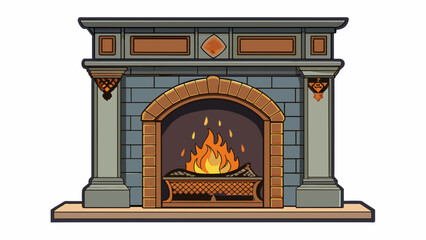 Poster - An oldfashioned cast iron fireplace with decorative detailing. It requires logs to be manually added and produces a cozy crackling heat.. Cartoon Vector.