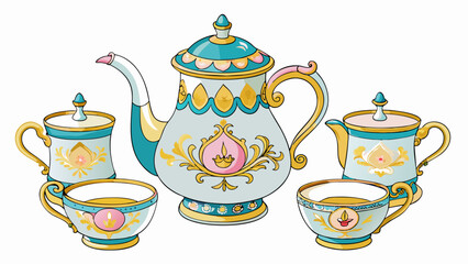 Fototapete - An ornate tea set made of delicate porcelain and featuring intricate handpainted designs of floral patterns and gold trim. The teapot cups and saucers. Cartoon Vector.