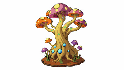 Aufkleber - As I walked through the forest my eyes were immediately drawn to a mysterious tree covered in gnarled branches and vibrant glowing mushrooms at its. Cartoon Vector.