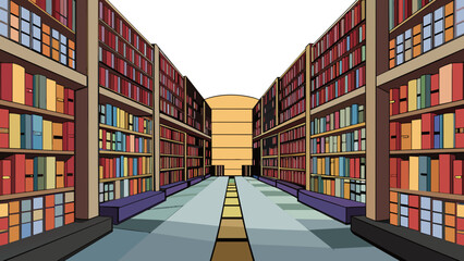 Fototapete - As I entered the vast library I was struck by the number of books stacked from floor to ceiling. The towering shelves seemed to never end and the. Cartoon Vector.