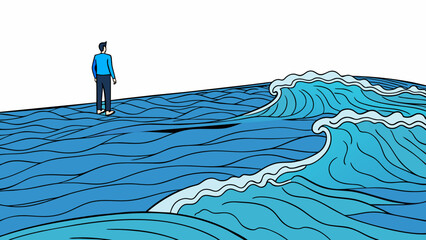 Poster - As I stood at the edge of the vast ocean I felt small and insignificant in the face of its endless blue expanse. The crashing waves and powerful. Cartoon Vector.