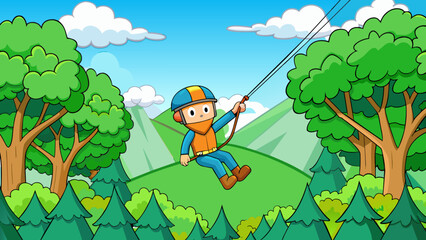 Fototapete - As I soared through the air attached to the zipline I felt a rush of adrenaline as the wind whipped through my hair. The lush green trees below and. Cartoon Vector.