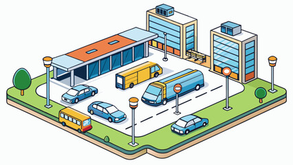 Poster - Another type of district could be a busy transportation hub with a central train or bus station surrounded by multiple parking lots and rental car. Cartoon Vector.