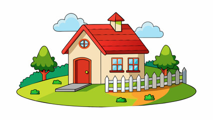 Poster - As I rode my bike along the countryside my eyes were drawn to a quaint farmhouse nestled in the rolling hills. Its faded red roof and white picket. Cartoon Vector.