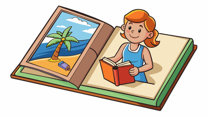 Poster - As she flipped through an old photo album the woman tried to recall the details of a summer vacation she took as a child. She remembered the warm sand. Cartoon Vector.