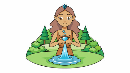 Poster - As she explored a mystical forest Eve came across a sparkling crystalclear stream. She cupped her hands and scooped up the cool refreshing water. Cartoon Vector.