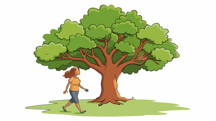 Fototapete - As she walked by the park she caught a quick glance at the towering oak tree in the center. Its thick trunk was covered in gnarled bark with large. Cartoon Vector.