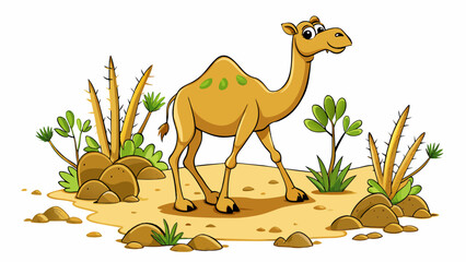 Poster - As the camel walked across the desert its large flat feet padded softly on the sand leaving deep footprints in its wake. Its wide curved lips were. Cartoon Vector.