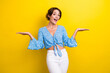 © deagreez - Photo of impressed girl with bob hair dressed print blouse palms comparing objects empty space isolated on yellow color background