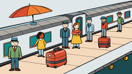 Poster - As the train pulled into the station the platform was swarming with commuters. Briefcases and umbrellas jostled together while the constant murmur of. Cartoon Vector.