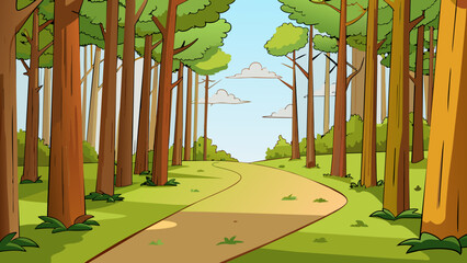 Fototapete - As we walked through the largely forested trail we were surrounded by a variety of tall trees their branches reaching towards the sky. The ground was. Cartoon Vector.