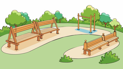 Fototapete - As you enter the park you are greeted by a row of beautifully crafted benches each with a different design and color. The inviting wooden swing sets. Cartoon Vector.