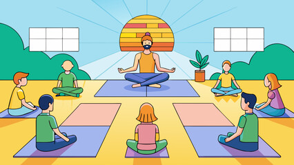 Poster - As the sun streams in through the windows the instructor sets up a series of yoga mats and colorful blocks in the center of the room. Soft music plays. Cartoon Vector.