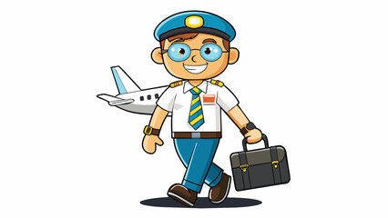 Poster - At a busy airport a pilot walks briskly with a purpose carrying a black leather flight bag and a neatly rolled up map. The pilots smarch beeps with. Cartoon Vector.