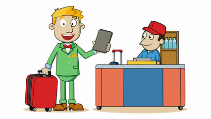 Poster - At a hotel a guest is someone who checks in with a large suitcase and a tired expression ready to relax and unwind. They ask the front desk about. Cartoon Vector.