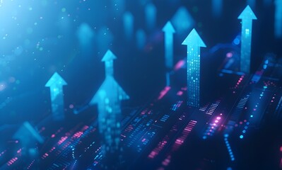 Poster - digital arrows pointing upward in futuristic technological backdrop symbolizing business growth and 
