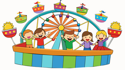 Poster - At a lively carnival a group of friends rides a ferris wheel that offers a stunning surround view of the colorful lights and bustling crowds below.. Cartoon Vector.