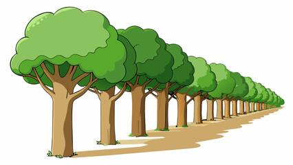 Fototapete - As we entered the park a row of towering trees formed a natural border along the path. Their thick trunks and sprawling branches created a canopy. Cartoon Vector.