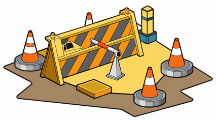 Fototapete - At a construction site orange cones and barriers are p around an excavated area. A large sign nearby reads Danger Deep Hole. Keep Out. These safety. Cartoon Vector.