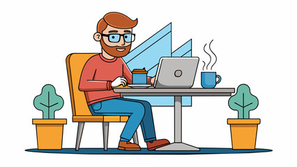 Fototapete - At a coffee shop a writer can be found sipping on a steaming drink while typing intently on their laptop. They are focused and dedicated blocking out. Cartoon Vector.