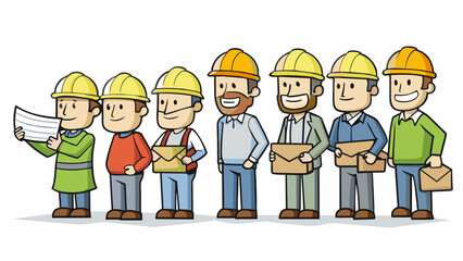 Fototapete - At a construction site a group of hardhat workers stand in line to receive their weekly wage from their supervisor the thick envelopes filled with. Cartoon Vector.
