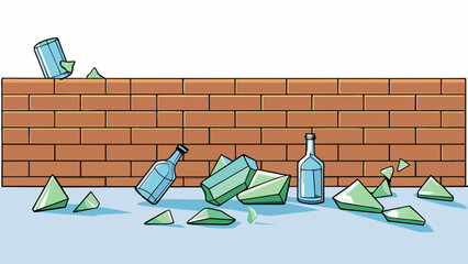 Poster - Broken glass bottles littered the ground their sharp edges glinting in the sun as they were thrown and shattered against a brick wall.. Cartoon Vector.