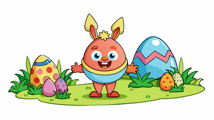 Poster - Characteristics playful and interactive incorporating traditional Easter symbols in a natural setting. Cartoon Vector.