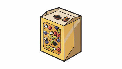 Poster - Characteristics This cereal is made with whole grain oats and has no artificial colors or flavors. It also contains a variety of dried fruits and nuts. Cartoon Vector.