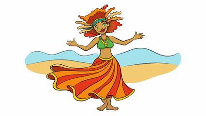Poster - Dancing on the beach under the setting sun was a woman with wild untamed curls that swayed with every move. Her vibrant flowy skirt twirled around her. Cartoon Vector.