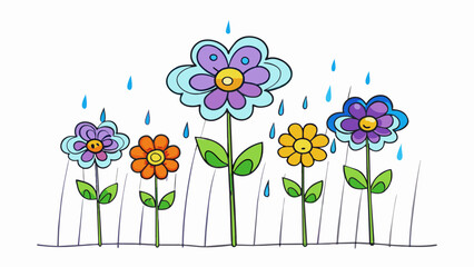 Poster - Despite the rain pouring down and the wind howling the flowers in the garden stood tall and vibrant. Their delicate petals and strong stems showed. Cartoon Vector.