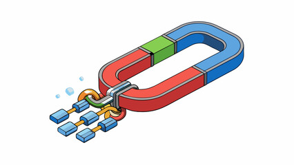 Fototapete - Display the strength of a magnet by using it to pick up a pile of paperclips and watching them stick together in a chain.. Cartoon Vector.