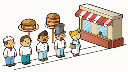 Poster - Despite being a small inconuous shop in the corner of the street the bakery always had a long line of customers waiting outside. Its delicious scents. Cartoon Vector.