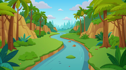 Fototapete - Deep in a dense rainforest a peaceful river flows through the dense foliage surrounded by tall trees and exotic plants. The air is thick with humidity. Cartoon Vector.