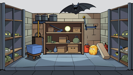 Aufkleber - Down in the dark musty bat shelves lined the walls cluttered with dusty boxes and old forgotten belongings. The flickering lightbulb cast eerie. Cartoon Vector.