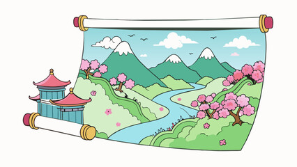 Sticker - Eastern art A handpainted scroll depicting a serene landscape with misty mountains a calm river and blooming cherry blossom trees all done in delicate. Cartoon Vector.