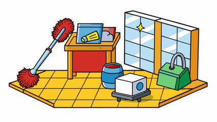 Poster - Dusting and vacuuming a room Regularly cleaning and dusting a room helps maintain its appearance and prevents buildup of dust and allergens. This. Cartoon Vector.