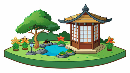 Aufkleber - Eastern gardens A peaceful garden filled with carefully trimmed bonsai trees a tranquil koi pond and a traditional tea house with wooden lattice. Cartoon Vector.