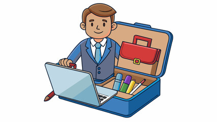 Poster - During the long flight the businessman could occupy his restless mind by organizing the contents of his briefcase. The sleek leather bag held his. Cartoon Vector.