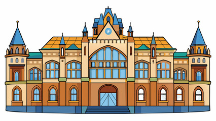 Aufkleber - European Architecture A grand building with intricate details and tall arched windows stands proudly in a bustling city center. The walls are made of. Cartoon Vector.