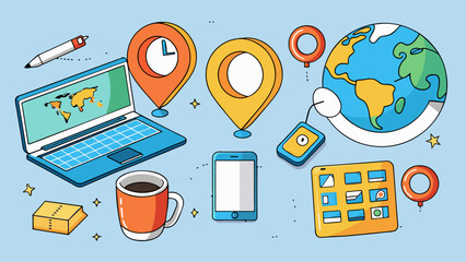 Fototapete - Finally we come to the 2000s a decade defined by technology and global connectivity. The objects in this illustration include a laptop a flip phone. Cartoon Vector.