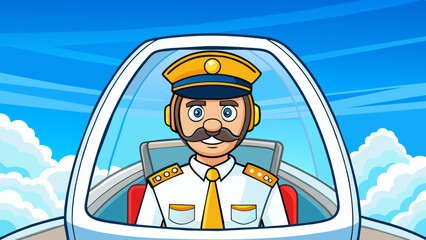 Aufkleber - From the window of their pit a pilot looks out at a stunning view of fluffy white clouds and clear blue sky. The planes wings painted with vibrant. Cartoon Vector.