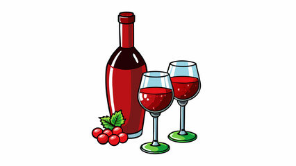 Poster - Fine Wine A bottle of red wine sits on a table next to a pair of elegant glasses. The deep ruby liquid inside swirls as it is poured into the glasses. Cartoon Vector.