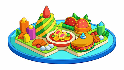 Fototapete - Food presentation has taken on a new trend of colorful and creative plating with dishes featuring intricate designs and vibrant ingredients. These. Cartoon Vector.
