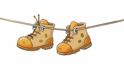 Poster - Hanging from a clothesline Scout is a set of worn beige hiking boots with thick rubber soles and laces that are always untied. Theyve seen many miles. Cartoon Vector.
