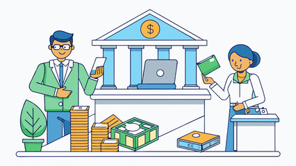 Poster - In a bustling office an employees monthly wage is electronically deposited into their bank account symbolizing the seamless and efficient transfer of. Cartoon Vector.