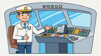 Poster - In a brightly lit training room a pilot stands in front of a large flight simulator adjusting s and switches while talking with their copilot. The. Cartoon Vector.