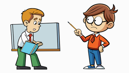 Aufkleber - In a classroom a student purposely turns their back to the teacher and starts doodling in their notebook disregarding the lesson being taught.. Cartoon Vector.