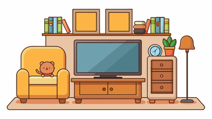 Sticker - In a cozy living room there is a plush couch positioned in front of a large flatscreen TV. The couch is made of soft tancolored fabric with fluffy. Cartoon Vector.