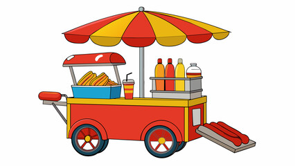 Poster - In a bustling city street a representative hot dog cart stands proudly on the corner complete with its red and yellow striped umbrella. The cart is. Cartoon Vector.