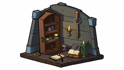Poster - In a dimly lit atmospheric room an alter takes the form of a of shelves built into the wall. Carved out of dark weathered wood the shelves hold a. Cartoon Vector.